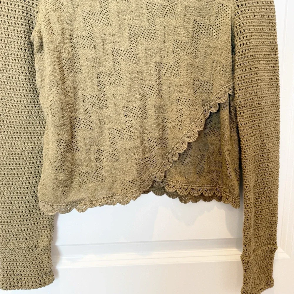 Free People Open Knit Lace Trim Long‎ Sleeve Top XS Indie Grunge Earthy Green